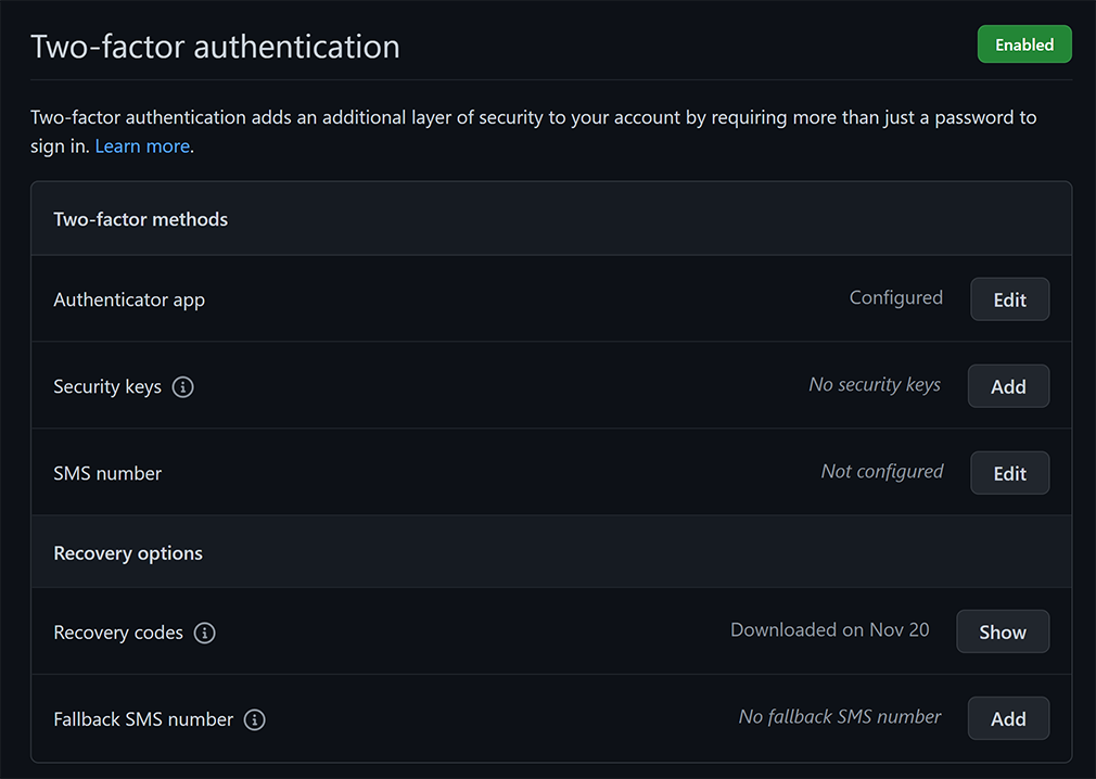 Two-factor authentication enabled